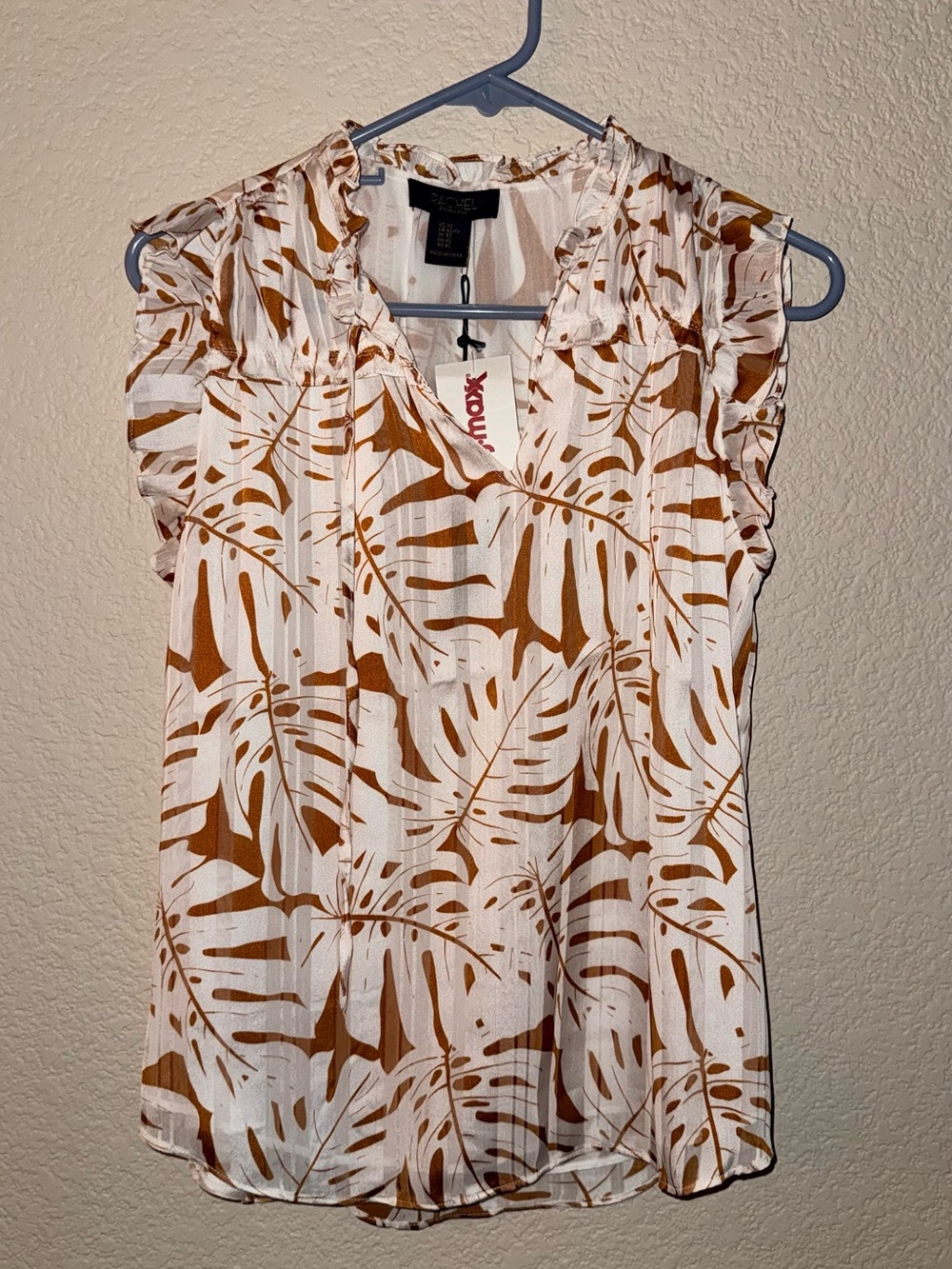 RACHEL Rachel Roy White & Brown Tropical Leaf Ruffle Cap-Sleeve Blouse